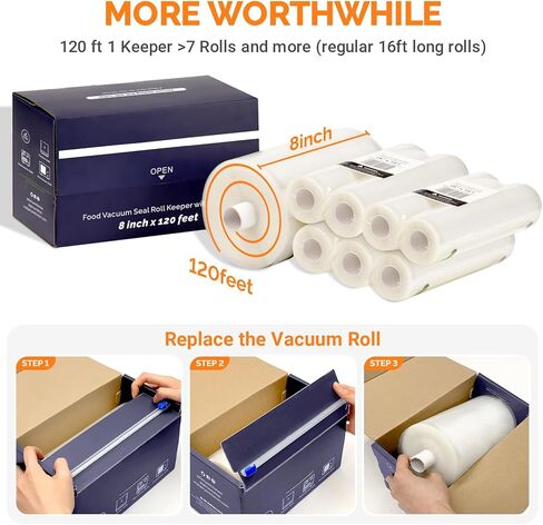 لفات أكياس تفريغ الهواء مقاس 8 × 120 بوصة من GeryonKitchen، حافظة لفافة غلق الطعام مع قاطعة لجميع ماكينات ختم التفريغ، رائعة لتخزين الطعام، فيديو Sous Vide وإعداد الوجبات in Kuwait