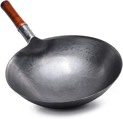 مقلاة حديدية مطروقة يدويًا من FORREC، مقلاة تقليدية غير لاصقة غير مطلية مع مقبض مساعد خشبي، مقلاة سفلية مستديرة، لمطاعم المطبخ - 32 سم in Kuwait