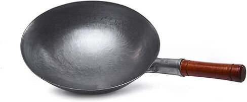 مقلاة حديدية مطروقة يدويًا من FORREC، مقلاة تقليدية غير لاصقة غير مطلية مع مقبض مساعد خشبي، مقلاة سفلية مستديرة، لمطاعم المطبخ - 32 سم in Kuwait