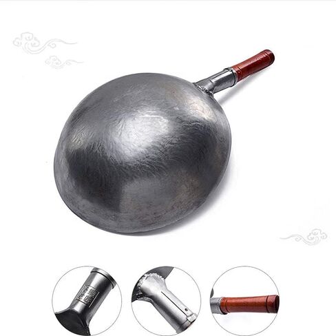 مقلاة حديدية مطروقة يدويًا من FORREC، مقلاة تقليدية غير لاصقة غير مطلية مع مقبض مساعد خشبي، مقلاة سفلية مستديرة، لمطاعم المطبخ - 32 سم in Kuwait