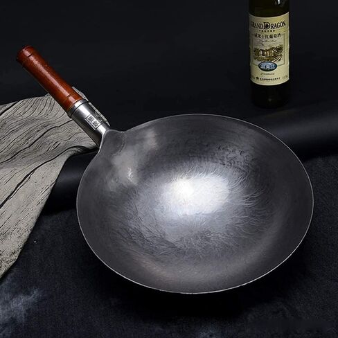 مقلاة حديدية مطروقة يدويًا من FORREC، مقلاة تقليدية غير لاصقة غير مطلية مع مقبض مساعد خشبي، مقلاة سفلية مستديرة، لمطاعم المطبخ - 32 سم in Kuwait