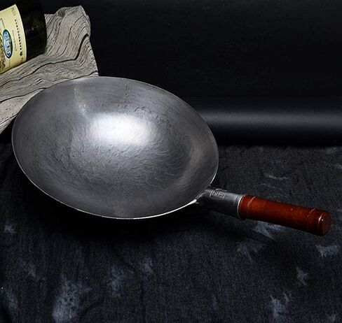 مقلاة حديدية مطروقة يدويًا من FORREC، مقلاة تقليدية غير لاصقة غير مطلية مع مقبض مساعد خشبي، مقلاة سفلية مستديرة، لمطاعم المطبخ - 32 سم in Kuwait