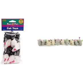 Penn-Plax Play Fur Mice Cat Toys | Mixed Bulk Bag of 12 Play Mice with Rattling Noise | 3 Color Variety Pack - CAT531, Black and White