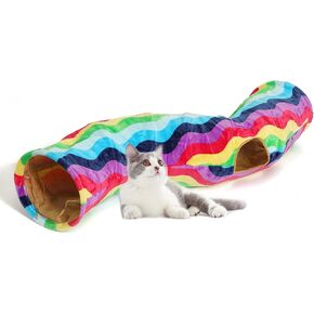 LUCKITTY Cat Tunnel - S-Shaped, Rainbow Wave Color, Soft Velvet Exterior, Oxford Fabric Fog-Proof Interior, Plush Toy Ball, Easily Washable, Conveniently Foldable, 47.2in/120cm