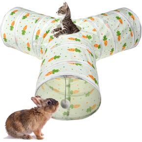 Vehomy Bunny Rabbit Tunnels Rabbit Cat 3 Way Collapsible Tunnel with Cute Carrot Patterns Small Pet Hideout Activity Tunnel Tube Toy for Bunny Kitten Cat Dwarf Guinea Pig T Shape