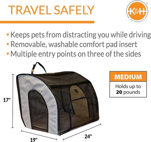 K&H Pet Products حامل أمان للسفر للحيوانات الأليفة، قفص للكلاب للسفر في السيارة، حامل ناعم الجوانب للكلاب المتوسطة، بيت مقعد سيارة محمول، رمادي/أسود متوسط ​​24 × 19 × 17 بوصة in Kuwait