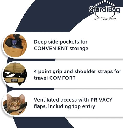 SturdiBag Medium Pet Travel Carrier: Flexible Height for Cat and Dog Soft Sided with Safety Clips and Seatbelt Straps| BLACK, 15" x 12" x 12" (PN: SB1.5-PRO-BL) in Kuwait
