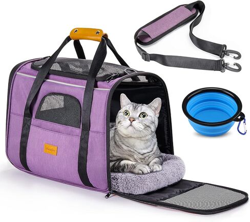 حامل الكلاب Morpilot Cat Carrier حقيبة سفر للحيوانات الأليفة معتمدة من شركة الطيران، حامل حيوانات أليفة من القماش قابل للطي للكلاب الصغيرة والجراء والقطط المتوسطة، مع سحابات أمان للقفل، وعاء قابل للطي (أرجواني) in Kuwait