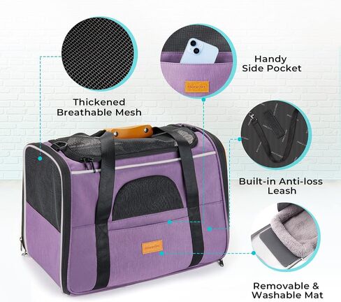 حامل الكلاب Morpilot Cat Carrier حقيبة سفر للحيوانات الأليفة معتمدة من شركة الطيران، حامل حيوانات أليفة من القماش قابل للطي للكلاب الصغيرة والجراء والقطط المتوسطة، مع سحابات أمان للقفل، وعاء قابل للطي (أرجواني) in Kuwait