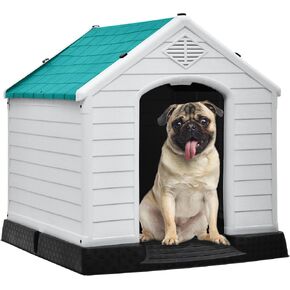 DWVO Large Outdoor Dog House, Plastic Doghouse with Air Vents and Ground Nails, Insulated Water Resistant Puppy Shelter for Small Medium Dogs (28.5''L x 26''W x 28''H, Blue)