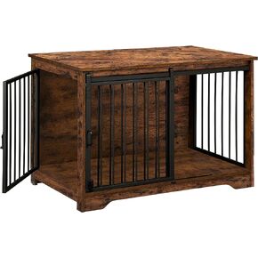 Hzuaneri Dog Crate Furniture, 39.4" Heavy Duty Dog Kennels with Sliding Barn Door, End Side Table, Wooden Dog House for Small/Medium/Large Dog, Chew-Resistant, Rustic Brown and Black DFC02301B in Kuwait