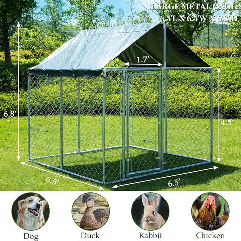 بيت الكلب الكبير في الهواء الطلق من JOHUNT، سياج الكلب العقلي شديد التحمل مع غطاء مقاوم للماء والأشعة فوق البنفسجية، بيت الكلب بيت الكلب المجلفن للفناء الخلفي، المزرعة، الحديقة (6.5 × 6.5 × 6.8 بوصة) in Kuwait