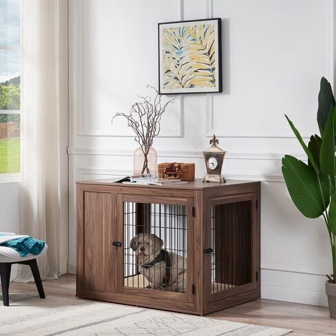 unipaws Furniture Style Dog Crate for Small Dogs, Cats, Min Pigs, Rabbit, Indoor Aesthetic Puppy Kennel, Modern Decorative Wood Wire Pet House Dog Cage, Pretty Cute End Side Table Nightstand, Grey in Kuwait