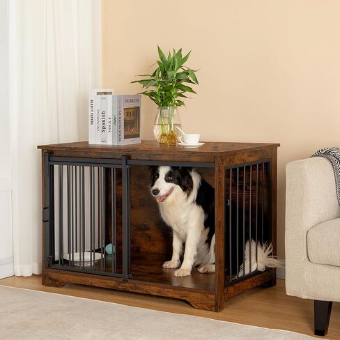 Hzuaneri Dog Crate Furniture, 39.4" Heavy Duty Dog Kennels with Sliding Barn Door, End Side Table, Wooden Dog House for Small/Medium/Large Dog, Chew-Resistant, Rustic Brown and Black DFC02301B in Kuwait