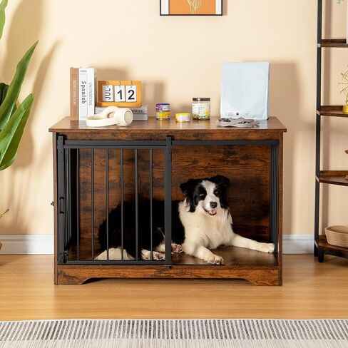 Hzuaneri Dog Crate Furniture, 39.4" Heavy Duty Dog Kennels with Sliding Barn Door, End Side Table, Wooden Dog House for Small/Medium/Large Dog, Chew-Resistant, Rustic Brown and Black DFC02301B in Kuwait