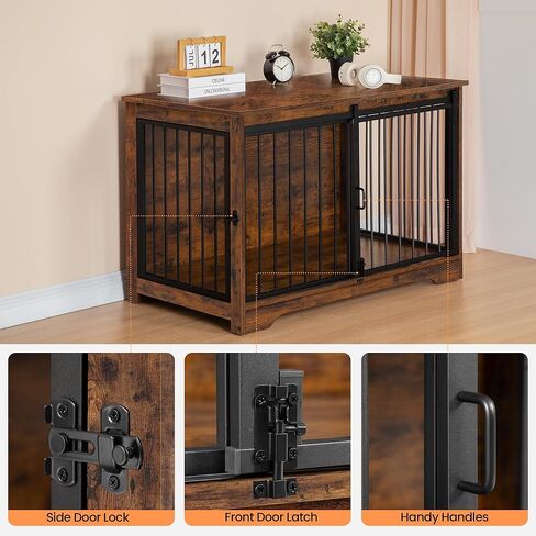 Hzuaneri Dog Crate Furniture, 39.4" Heavy Duty Dog Kennels with Sliding Barn Door, End Side Table, Wooden Dog House for Small/Medium/Large Dog, Chew-Resistant, Rustic Brown and Black DFC02301B in Kuwait