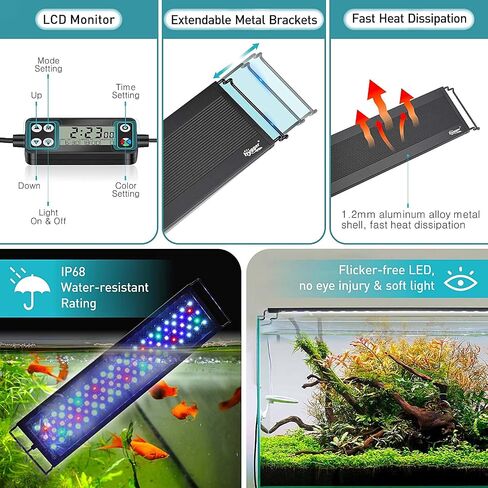 hygger Auto On Off LED Aquarium Light، ضوء خزان الأسماك كامل الطيف مع شاشة LCD، دورة إضاءة 24/7، 7 ألوان، مؤقت قابل للتعديل، IP68 مقاوم للماء، 3 أوضاع لخزان المياه العذبة المزروعة 12 بوصة - 18 بوصة in Kuwait