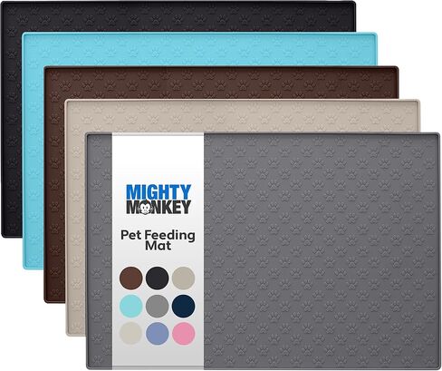 MIGHTY MONKEY 100% Waterproof Dog Food Mat, Raised Edges Silicone Pet Feeding Placemat for Cat, Dogs, Pet Bowls, High Lipped Tray Prevents Water Spills, Food on Floor, Dishwasher Safe, 18x12, Gray in Kuwait