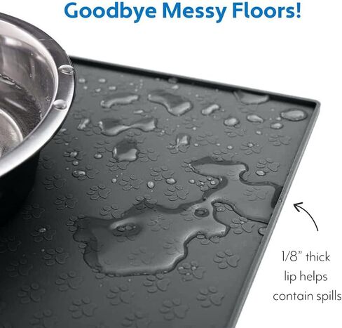 MIGHTY MONKEY 100% Waterproof Dog Food Mat, Raised Edges Silicone Pet Feeding Placemat for Cat, Dogs, Pet Bowls, High Lipped Tray Prevents Water Spills, Food on Floor, Dishwasher Safe, 18x12, Gray in Kuwait