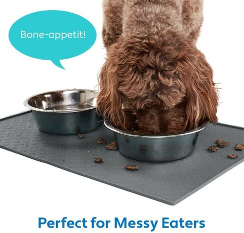 MIGHTY MONKEY 100% Waterproof Dog Food Mat, Raised Edges Silicone Pet Feeding Placemat for Cat, Dogs, Pet Bowls, High Lipped Tray Prevents Water Spills, Food on Floor, Dishwasher Safe, 18x12, Gray in Kuwait