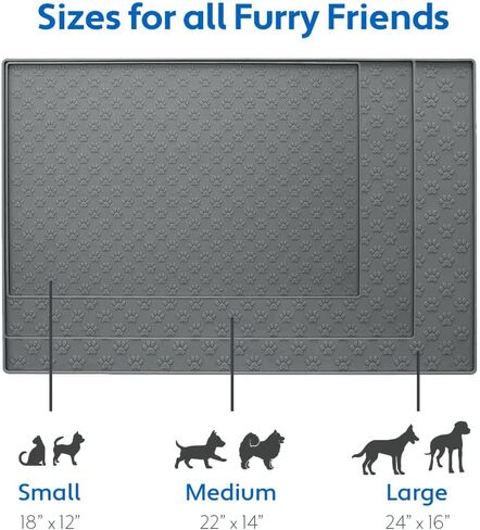 MIGHTY MONKEY 100% Waterproof Dog Food Mat, Raised Edges Silicone Pet Feeding Placemat for Cat, Dogs, Pet Bowls, High Lipped Tray Prevents Water Spills, Food on Floor, Dishwasher Safe, 18x12, Gray in Kuwait