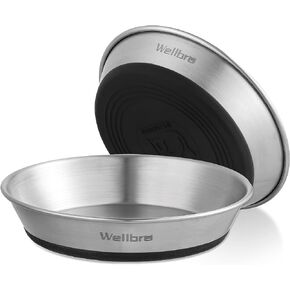 Wellbro Cat Bowls, 2 Pcs Stainless Steel Cat Bowls for Food and Water, Whisker Fatigue Shallow Non-Slip Cat Dishes Plates for Small Dog Puppies Cats