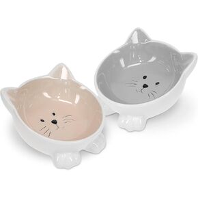 Navaris Cat Bowls with Ears - 2 Pack of Ceramic Cat Feeding Dishes with Anti Slip Silicone Feet - Cat Shaped Food and Water Bowls Set