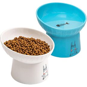 OMAYKEY 6.5 Inch Extra Wide Ceramic Raised Cat Bowls, Porcelain Tilted Elevated Cat Food Water Bowl Dish, Stress Free Pet Feeder Dishes for Cats & Small Dogs, Whisker Fatigue, White & Pink