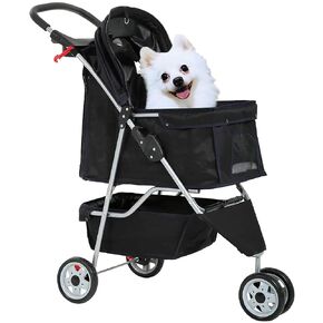 3 Wheels Pet Stroller for Dogs/Cats, Cat Dog Cage Stroller, Travel Folding Carrier with Removable Liner & Storage Basket & Cup Holder, for Small-Medium Dog, Cat - Black