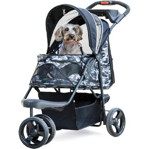 Petique Durable Pet Stroller, Easy Fold, Quality mesh windows, Large Storage Basket, Secure Cup Holder Tray, for Small to Medium Dog, Cat, Bunny, Supports pets up to 55LBS - BLACK CAMO in Kuwait