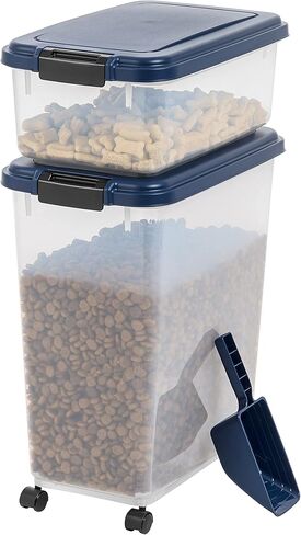 IRIS USA 3-Piece 42 Lbs / 57.5 Qt WeatherPro Airtight Pet Food Storage Container Combo with Scoop and Treat Box for Dog Cat Bird Food, Stackable, Keep Pests Out, Translucent Body, BPA Free, Chrome in Saudi Arabia