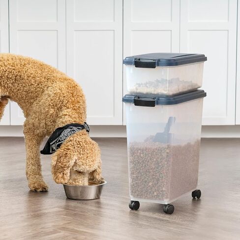 IRIS USA 3-Piece 42 Lbs / 57.5 Qt WeatherPro Airtight Pet Food Storage Container Combo with Scoop and Treat Box for Dog Cat Bird Food, Stackable, Keep Pests Out, Translucent Body, BPA Free, Chrome in Saudi Arabia