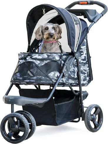 Petique Durable Pet Stroller, Easy Fold, Quality mesh windows, Large Storage Basket, Secure Cup Holder Tray, for Small to Medium Dog, Cat, Bunny, Supports pets up to 55LBS - BLACK CAMO in Kuwait