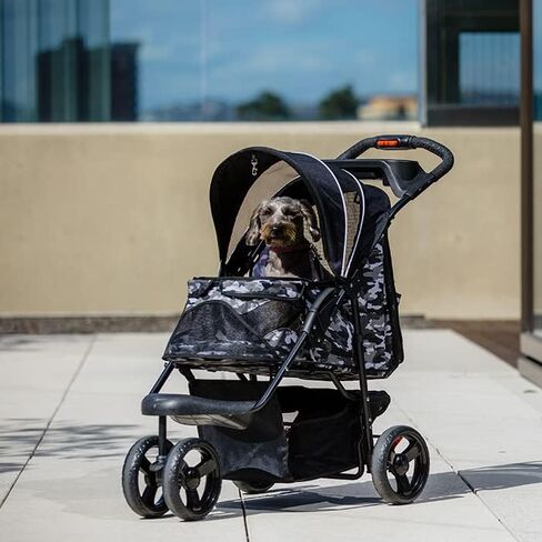 Petique Durable Pet Stroller, Easy Fold, Quality mesh windows, Large Storage Basket, Secure Cup Holder Tray, for Small to Medium Dog, Cat, Bunny, Supports pets up to 55LBS - BLACK CAMO in Kuwait