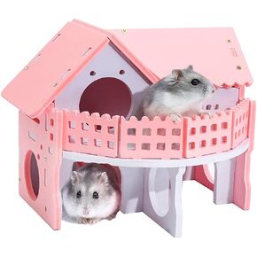 CHUQIANTONG Hamster Maze Wood House Small Animal Hideout Wooden Assemble Double-Deck Hut Villa Ecological Cage Habitat Decor for Dwarf, Hedgehog, Syrian Hamster, Gerbils Mice in Kuwait