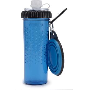Dexas Popware for Pets Snack Duo Dual Chambered Hydration Bottle and Snack Container with Collapsible Pet Cup, Fuschia (PW4504322405)