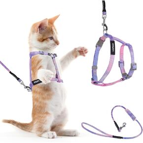 Giantree Cat Harness with Leash and Collar Set, Adjustable H-Shaped Kitten Harness Escape Proof Harness Glow in The Dark for Kitty Outdoor Walking (Gradient Purple)