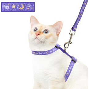 Cat Harness and Leash Set for Outdoor Walking Escape Proof Adjustable Soft Safety Strap with Golden Star and Moon Design Glow in The Dark Black in Saudi Arabia