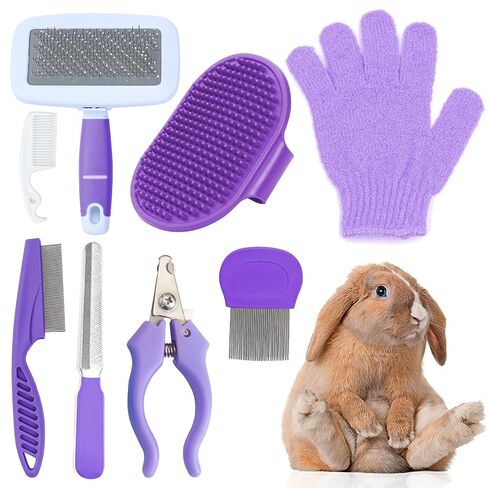 VCZONE Pink Small Animal Grooming Kit with Nail Clipper, Flea Comb, Shampoo Brush, Slicker Brush, Massage Glove for Rabbits in Saudi Arabia