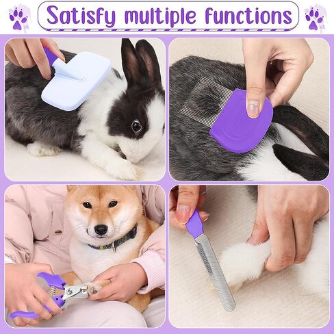 VCZONE Pink Small Animal Grooming Kit with Nail Clipper, Flea Comb, Shampoo Brush, Slicker Brush, Massage Glove for Rabbits in Saudi Arabia
