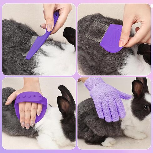 VCZONE Pink Small Animal Grooming Kit with Nail Clipper, Flea Comb, Shampoo Brush, Slicker Brush, Massage Glove for Rabbits in Saudi Arabia