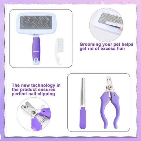 VCZONE Pink Small Animal Grooming Kit with Nail Clipper, Flea Comb, Shampoo Brush, Slicker Brush, Massage Glove for Rabbits in Saudi Arabia