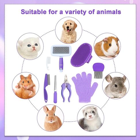 VCZONE Pink Small Animal Grooming Kit with Nail Clipper, Flea Comb, Shampoo Brush, Slicker Brush, Massage Glove for Rabbits in Saudi Arabia