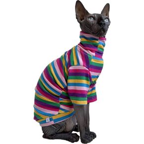Vintage Stripes Sphynx Hairless Cats Shirt Cotton Cat Turtleneck Pet Clothes Kitten T-Shirts with Sleeves for Sphynx Cornish Rex, Devon Rex, Peterbald (Grey Stripe, X-Small (Pack of 1))