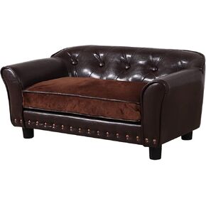 Yoonnie Luxury PU Leather Pet Sofa with Copper Nail and Wooden Frame - Suede Cushion Dog Couch for Small Dogs (Grey)