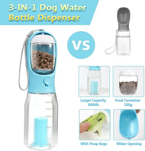 Dog Water Bottle 3 in 1, Portable Puppy Water Dispenser with Food Container Poop Bags for Walking, 21oz White in Saudi Arabia