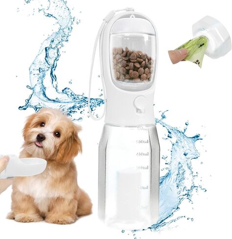 Dog Water Bottle 3 in 1, Portable Puppy Water Dispenser with Food Container Poop Bags for Walking, 21oz White in Saudi Arabia