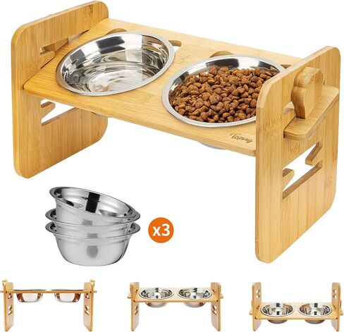 Toozey Elevated Dog Bowls for Small Dogs and Cats, 6 Adjustable Heights Raised Dog Bowl, Elevated Dog Bowl Stand with 3 Stainless Steel Dog Food and Water Bowls, 15° Tilted Bamboo Elevated Cat Bowls in Saudi Arabia