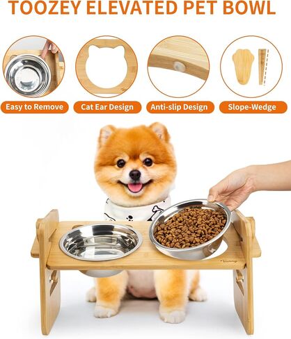 Toozey Elevated Dog Bowls for Small Dogs and Cats, 6 Adjustable Heights Raised Dog Bowl, Elevated Dog Bowl Stand with 3 Stainless Steel Dog Food and Water Bowls, 15° Tilted Bamboo Elevated Cat Bowls in Saudi Arabia