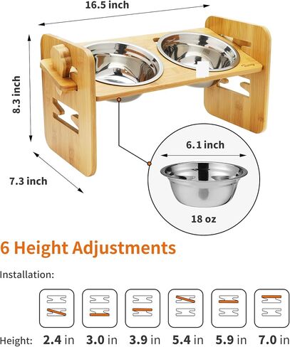 Toozey Elevated Dog Bowls for Small Dogs and Cats, 6 Adjustable Heights Raised Dog Bowl, Elevated Dog Bowl Stand with 3 Stainless Steel Dog Food and Water Bowls, 15° Tilted Bamboo Elevated Cat Bowls in Saudi Arabia